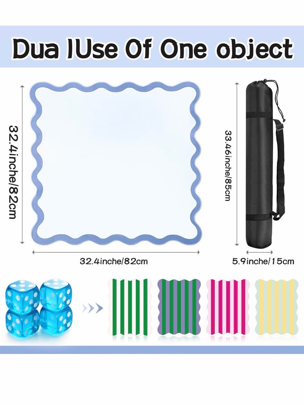 32.4in Scalloped Mahjong Mat, Anti-Slip Mahjong Table Mat, blue, w/cards &dice - Picture 3 of 7